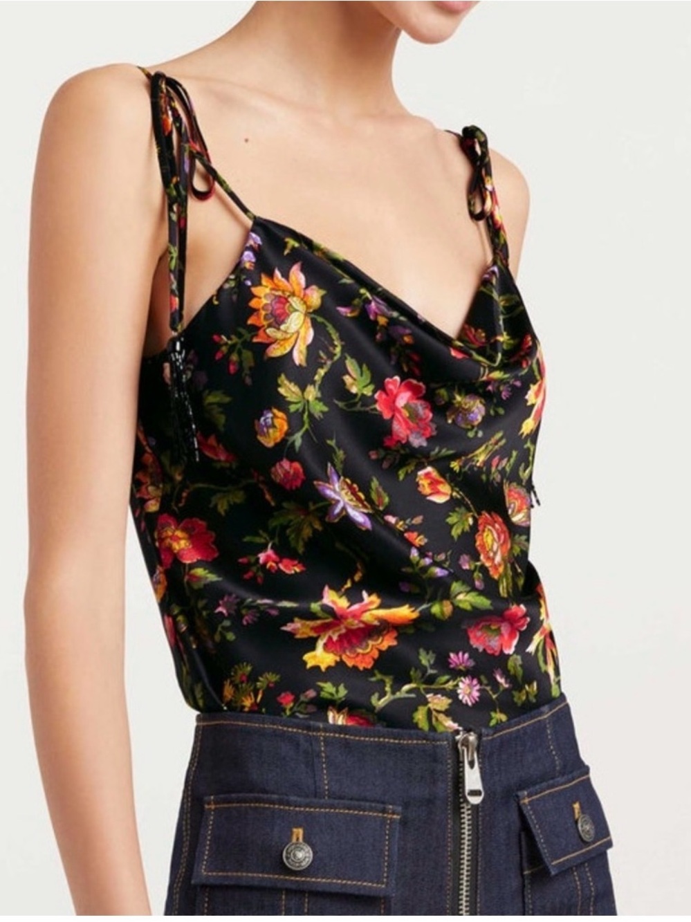 cinq a sept Black Floral Silk Camisole with Pink & Orange Flowers